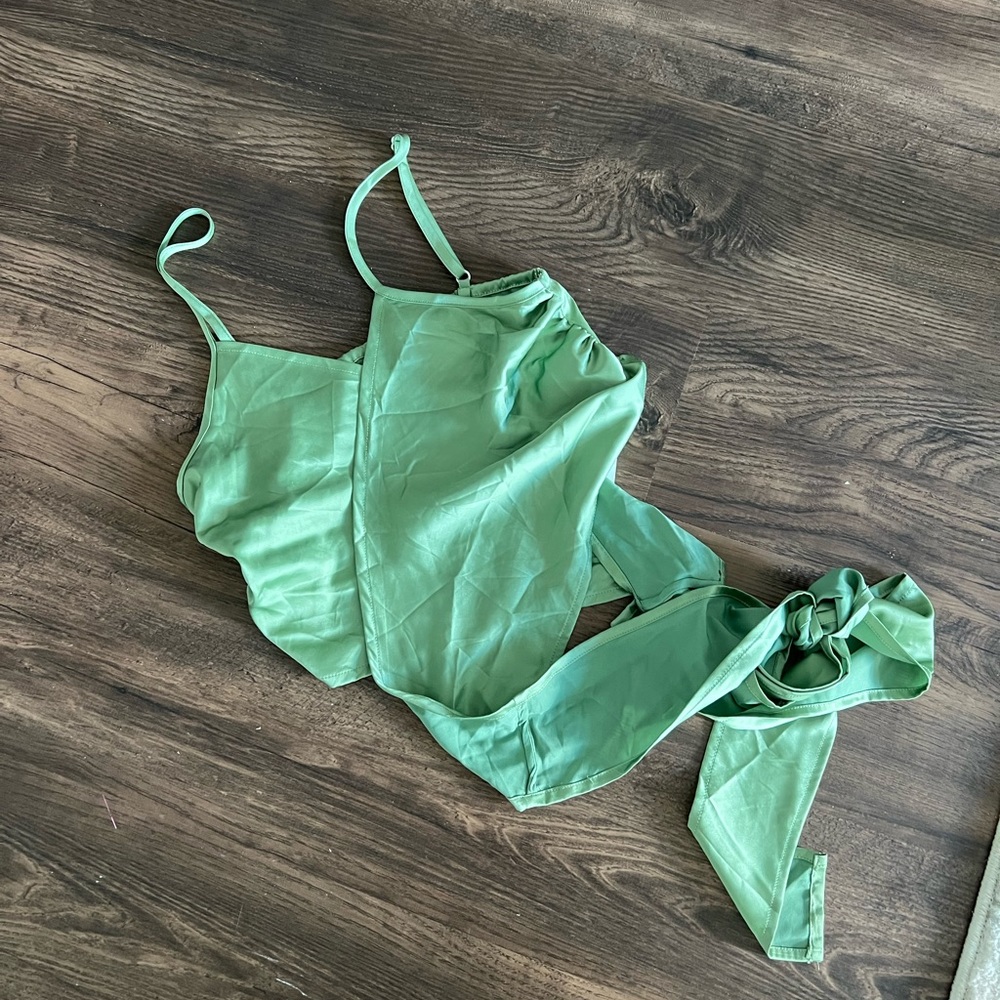 Cider green satin cropped wrap tank top